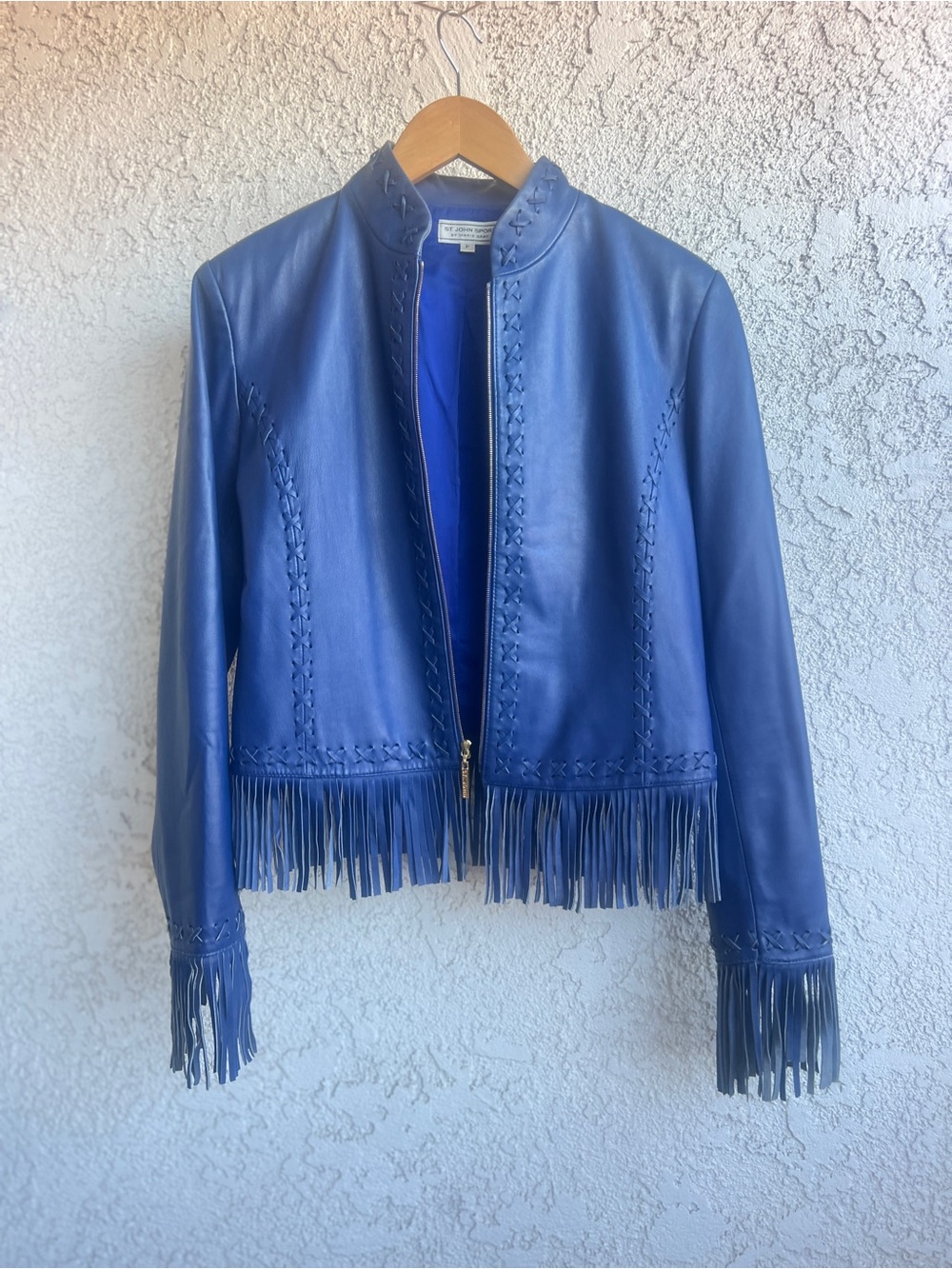 St. John Sport by Marie Gray Bright Blue Leather Fringe Jacket